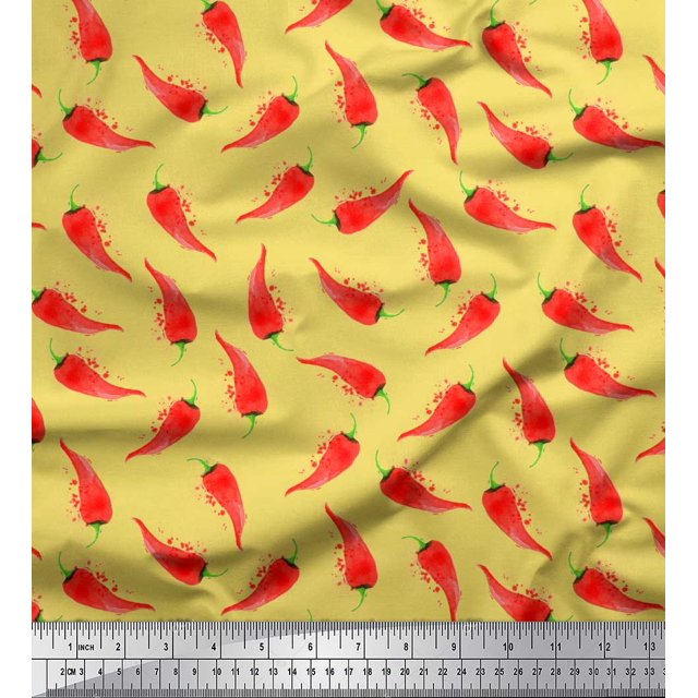 Soimoi Yellow polyester Crepe Fabric Chilli Vegetable Print Sewing Fabric Yard 42 Inch Wide