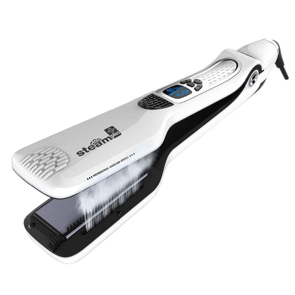 Professional Steam Hair Straightener & Iron Electric Fast Steam Hair Straightener Brush Titanium Ceramic Flat Iron, with Anti-Static Technology and Digital Controls Suitable for All Hair Types, White