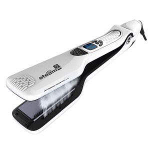 Professional Steam Hair Straightener & Iron Electric Fast Steam Hair Straightener Brush Titanium Ceramic Flat Iron, with Anti-Static Technology and Digital Controls Suitable for All Hair Types, White