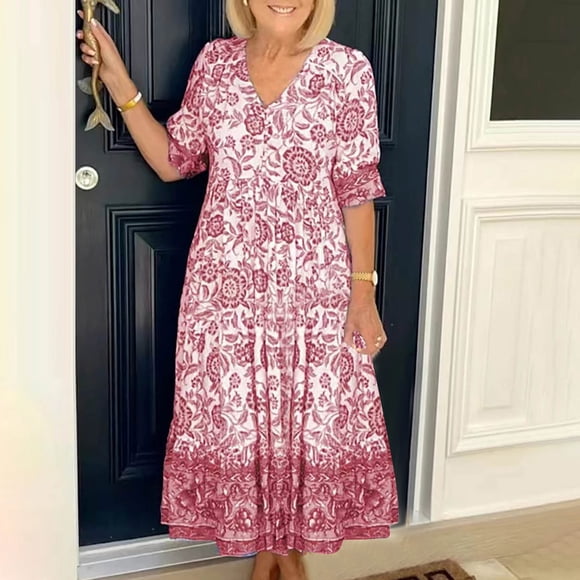 LOVZFMLL Women's Fashion Casual Spring Summer Short Sleeve Floral Printing V-Neck Ankle Dress Pink S