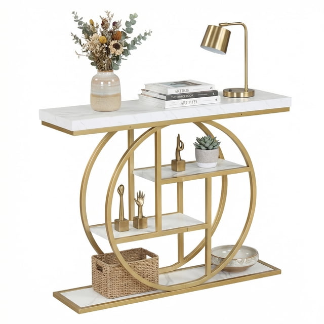 Gymax 4-Tier Console Table w/Storage Shelves Circle Base Accent Behind Couch Table White & Gold