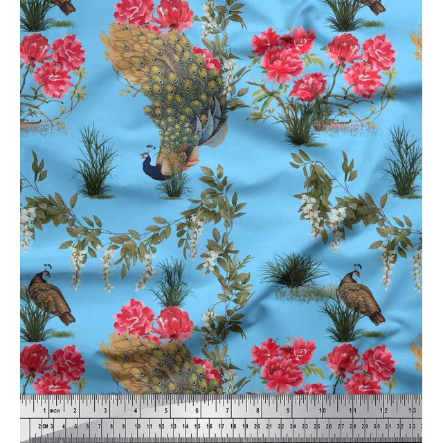 Soimoi Poly Georgette Fabric Leaves,Floral & Peacock Bird Print Fabric by Yard 42 Inch Wide