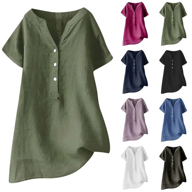 CHUANK Womens Summer Blouse V-Neck Short Sleeve Loose Button Tunic Shirts Deals on Ladies