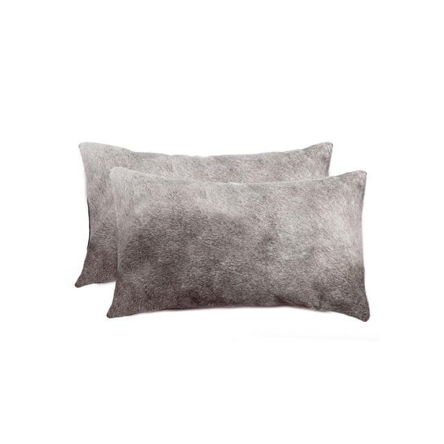 TORINO COWHIDE PILLOW 12"X20" 2-PACK with two grey rectangular pillows made from 100% natural Indian cowhide, hand-stitched with ultra-soft microsuede backing and hidden zipper closures, ideal for layering in home décor and adding natural texture.