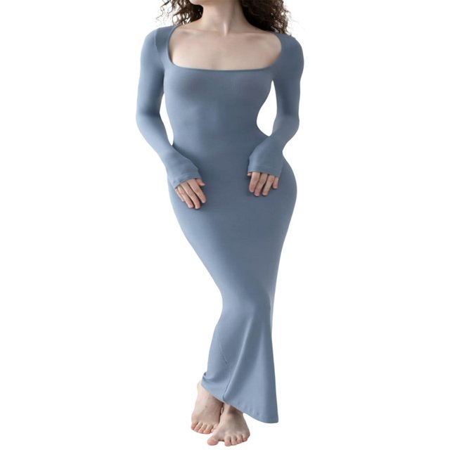 Women Long Bodycon Dress Solid Color Knitted Ribbed Square Neck Long Sleeve Dress Spring Fall Party Club Skinny Dress