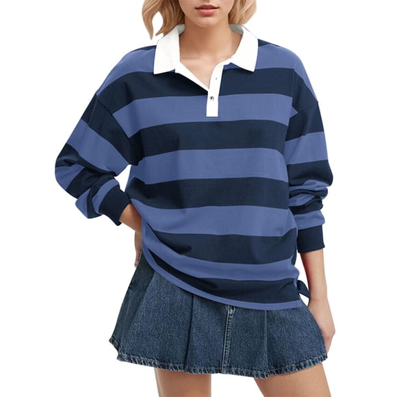 Winter Saving! HVOBTTY Women's Pullover Tshirt, Women's Long Sleeved Striped Printed Lapel V-Neck Button Casual Slit Shirt Top Blue, XL