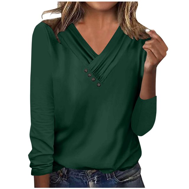 Timegard Womens Tops V-Neck Ruched Button Long Sleeve Solid Color Comfy Tee Dressy Casual Tunic Top