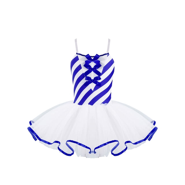 RUNQHUI Robe de Danse Ballet de Noël pour Filles, Justaucorps Sans Manches à Rayures, Jupe Tutu en Maille, Tenue de Danse de Noël Bleue 16