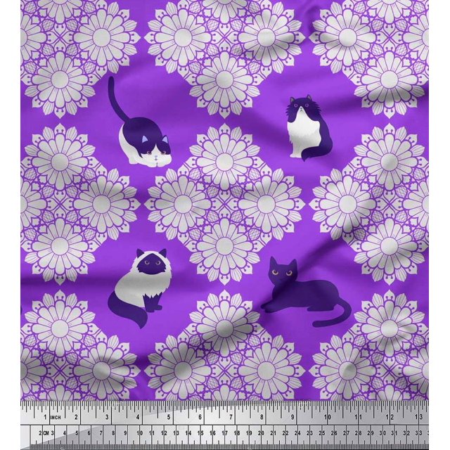 Soimoi Georgette Viscose Fabric Floral & Cat Animal Fabric Prints by Yard 42 Inch Wide