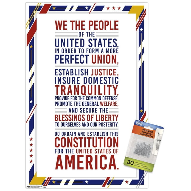 Les États-Unis d'Amérique - Affiche Murale du Préambule Constitution, 22,375 Pouces x 34 Pouces, Montrant le Texte du Préambule en Typographie Rouge et Bleue Encadré d'Une Bordure Patriotique avec des Étoiles et des Rayures en Rouge, Blanc, Bleu et Jaune. Comprend 30 Punaises Transparentes pour une Suspension Facile et Sans Dommages, Convient à la Décoration Murale de la Maison, du Bureau Ou de la Classe.