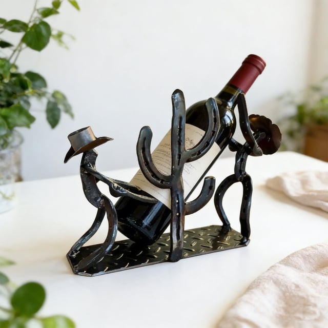 Metal Wine Rack Western Cowboy and Cactus Vintage Tabletop Wine Holder for Kitchen Bar Home Decor