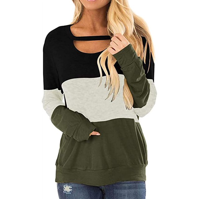 Women's Long Sleeve Tunics Color Block Cutout Sweatshirt Loose Fit Tops