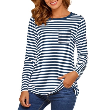 T-Shirt à Manches Longues à Rayures pour Femmes, Doux, Décontracté, Col Rond, Haut Confortable, T-Shirt de Base pour Tous les Jours, T-Shirts pour Femmes, Bleu, G