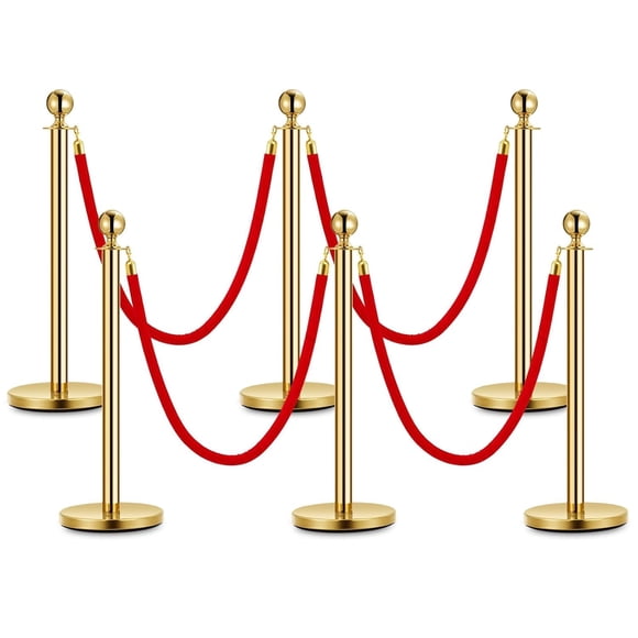Towallmark Elegant Gold Stanchion Posts Set - 6 Posts with 4 Red Ropes, Stainless Steel, 37.5 Inch Tall, Weighted Base, 5ft Rope for Queue Control, VIP Events, Hotels, Banks, Red Carpet Entry