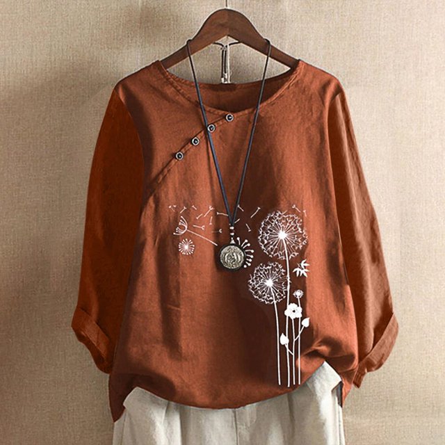 CHUANK Hauts pour Femmes en Liquidation à Moins de 10$ Hauts pour Femmes Décontractés Printemps Été Manches Longues Coton Lin Imprimé Graphique Pissenlit Col Rond Blouses Vintage Grande Taille