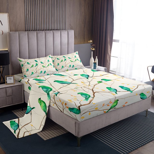 Erosebridal Green Bird Bed Sheets Set Full Size, Branches Leaves Bedding Set, 4 Pieces