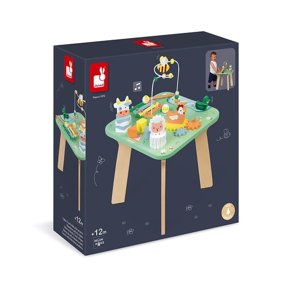 Janod Table d'Activités de Ferme avec 7 Fonctions Interactives - Développement de la Motricité, Apprentissage des Formes et Amusement Musical pour Tout-Petits - 12 Mois+