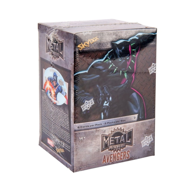 Upper Deck Marvel Metal Universe Avengers Blaster Box featuring a sealed box with Black Panther artwork on the front and Captain America on the side, containing 6 cards per pack and 5 packs per box to collect the 100-card Light FX base set with Yellow, Gold, and Grandiose parallels, suitable for Marvel Avengers trading card collectors.