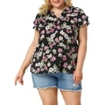 thumbnail image 1 of GRACE & GRANDEUR Hauts pour Femmes Grande Taille Rétro à Fleurs Col en V à Étages Manches Courtes Blouses 4X Noir, 1 of 8