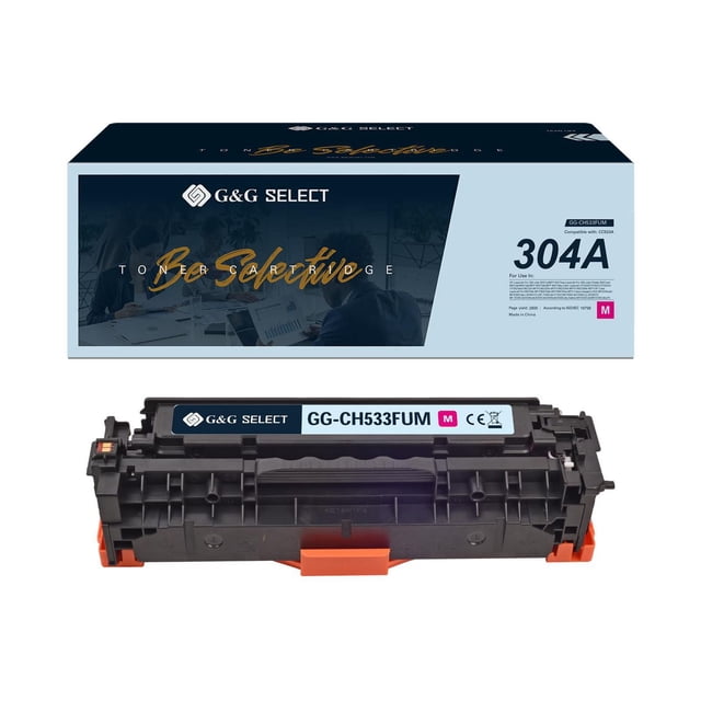 G&G Select HP CC533A Remanufactured Magenta Toner Cartridge with black plastic housing and orange protective clips, labeled GG-CH533FUM, shown with its blue and black 304A box, providing up to 2800 pages yield and OEM-equivalent print quality for HP printers, suitable for reliable, cost-effective printing with environmentally compliant components.