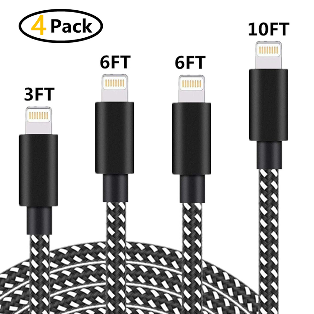 4 Pcs Câbles de Charge IOS, avec Connecteurs en Alliage d'Aluminium Résistants, Fil Lightning à Charge Rapide, Charge USB Rapide Tressée en Nylon