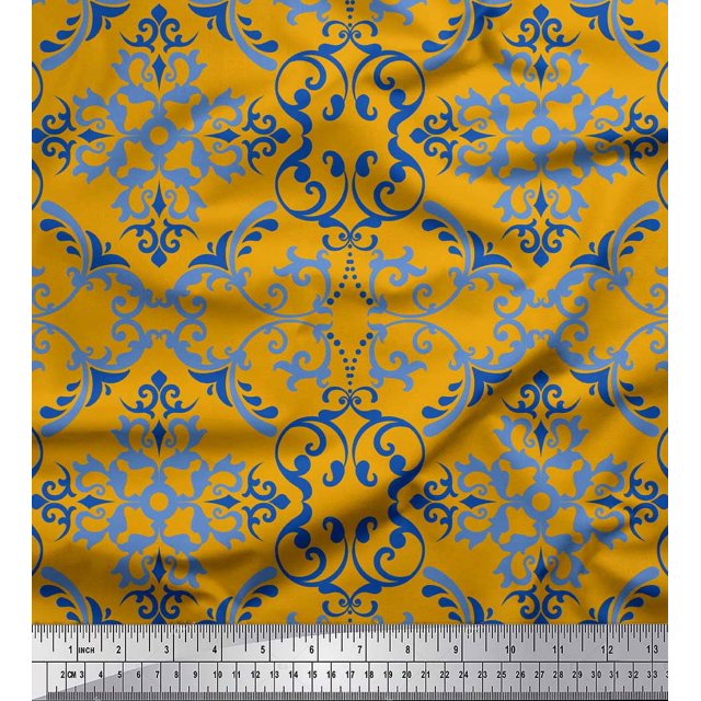 Soimoi Gold Poly Georgette Fabric Vector Design Damask Printed Craft Fabric by the Yard 42 Inch Wide