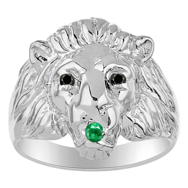 RYLOS Rings Sterling Silver Lion Head Ring Black Diamonds Eyes & Gemstone Mouth Fun Designer Rings Emerald Jewelry Size 9