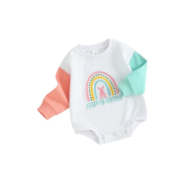 Honganda Easter Baby Romper Contrast Color Long Sleeve Letter Embroidery Bodysuit Playsuit
