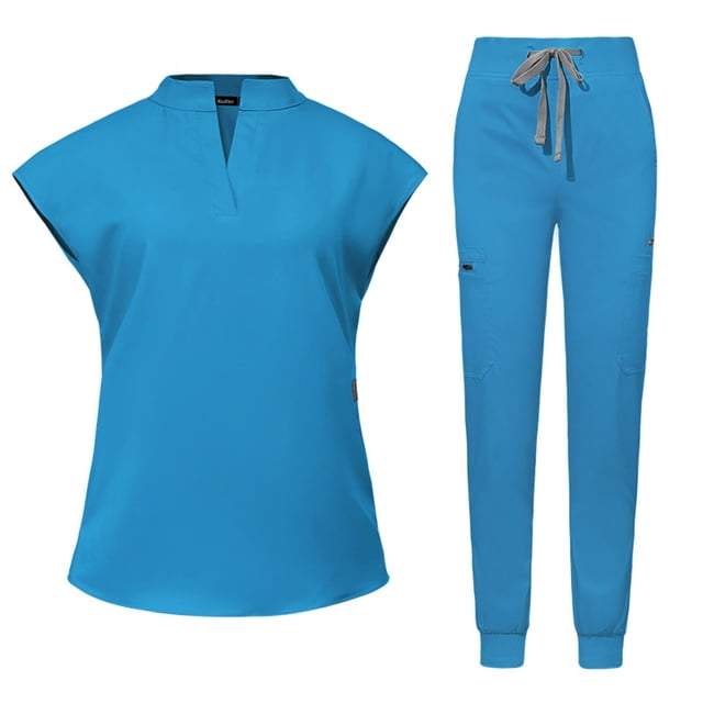 Ensemble de Sarraus pour Femmes, Haut de Sarrau Extensible à Col Montant et Pantalon Jogger à Cordon avec Multiples Poches, Anti-Froissement, Uniforme de Travail Infirmier, Col Montant, Uniforme Médical Confortable, Bleu