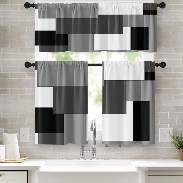 Black Grey Kitchen Curtains Dark Grey Window Curtains Valance and Tier Set of 3, White Modern Rod Pocket Short Tier Curtain for Bathroom, Abstract Small Modern Small Kitchen Decor 52" x 24"