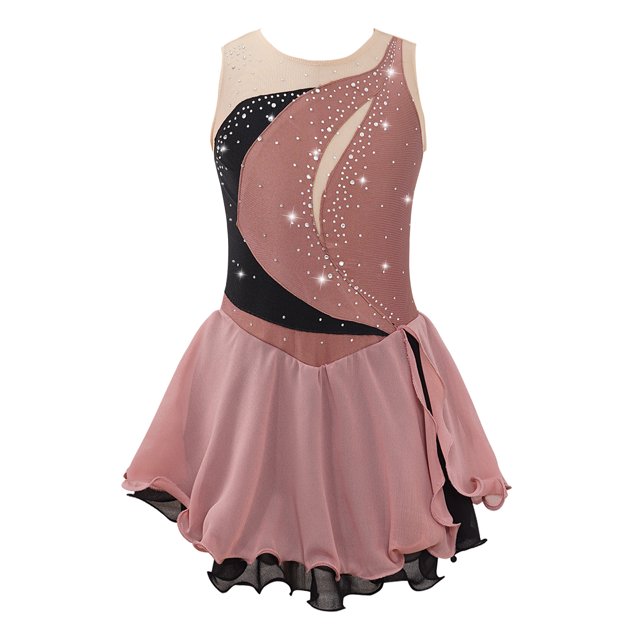Miaeowve Robe de Patinage Artistique pour Filles Sans Manches avec Strass, Vêtements de Danse Ballet Performance Café Clair 14