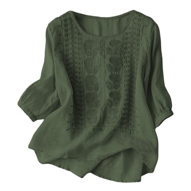 Lixiuxyad T-shirt à Col pour Femme à Broderie Florale, Haut Estival Décontracté pour Usage Quotidien avec Design Uni Vert TTG