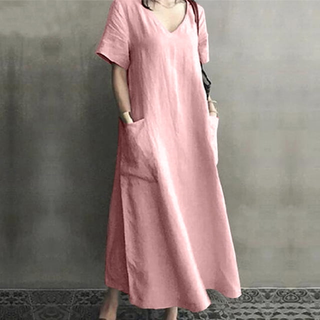 Robes pour Femmes 2024 Été Surdimensionnée Printemps et Col en V Uni Coton et Lin Décontractée avec Poche Robe à Manches Courtes Rabais de 50 % Liquidation!