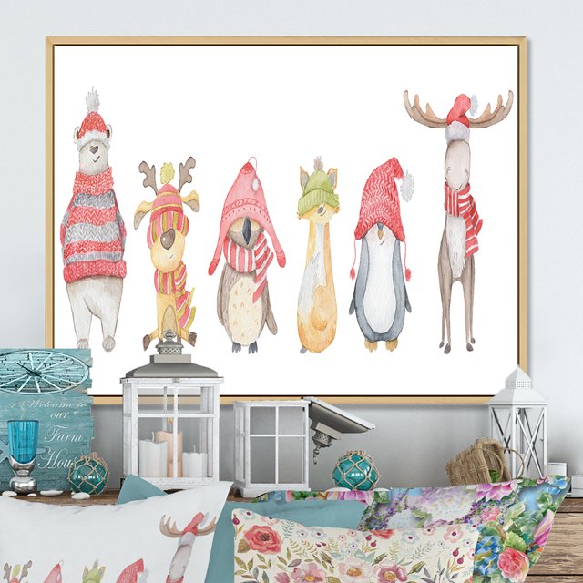 Designart Cute Christmas Animals Polar Bear Traditional Floating Frame Wall Art