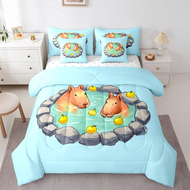 YST Ensemble Douillette 7 Pcs Capybara Mignon et Drôle, Lit en Sac, Simple, 7 Unités