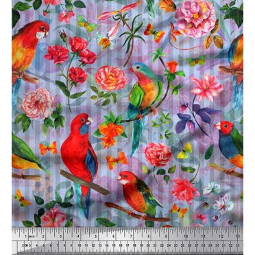 Soimoi Blue Polyester Crepe Fabric Stripe,Floral & Parrot Bird Print Fabric by Yard 52 Inch Wide