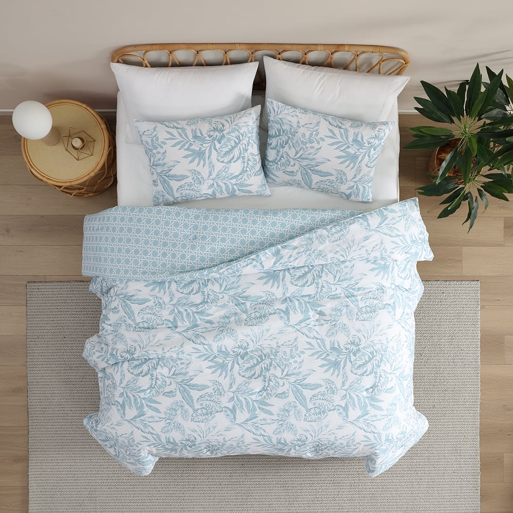 C&C California, Ensemble d’édredon réversible imprimée à motif feuilles, 100 % coton, respirant, confort toutes saisons, 3 pièces, Très Grand Lit, bleu