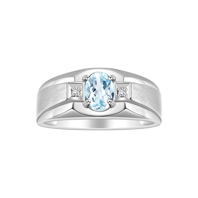 RYLOS Men's Rings Sterling Silver Classic 7X5MM Oval Gemstone & Diamond Ring Aquamarine March Birthstone Rings For Men, Silver Rings, Size 8