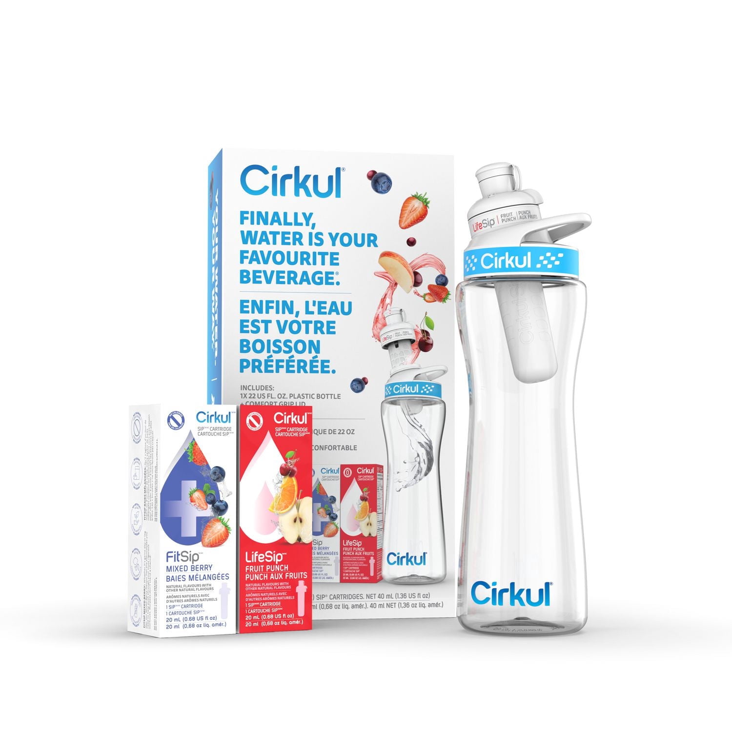 Cirkul 22oz Plastic Water Bottle Starter Kit with Blue Lid and 2 Flavour Cartridges (Fruit Punch & Mixed Berry)