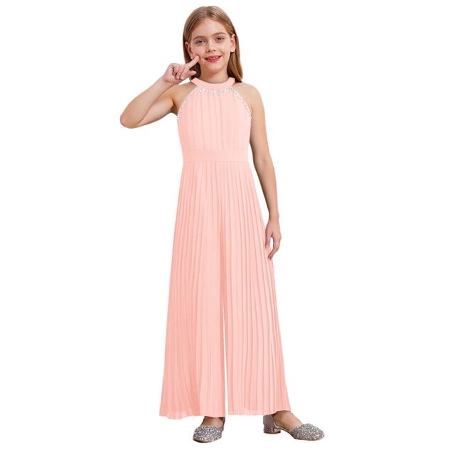 Sxiwei Combinaison Plissée Sans Manches pour Filles avec Perles et Strass Robes de Filles Fleurs Rose 8