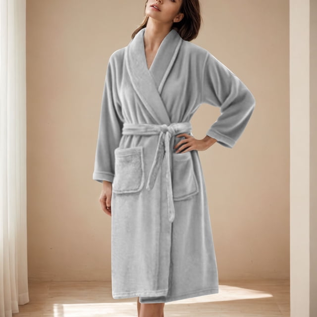 Soki Premium Womens Plush Soft Robe in gray, designed with fluffy fleece sherpa fabric for warmth and comfort. Features include a waist tie, two side pockets, and long sleeves, making it ideal as loungewear or a bathrobe for home use.