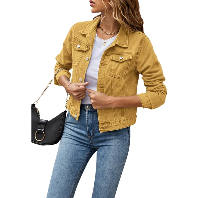 WIFORNT Women's Solid Color Denim Jacket, a casual long sleeve button-down jean jacket in a mustard yellow shade. Features a lapel collar, chest pockets, and a regular fit. Styled with a white top, blue jeans, and a black handbag, ideal for autumn wear.