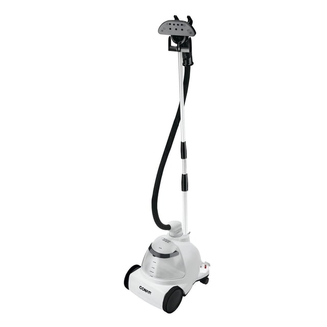 Conair Défroisseur Vertical pour Vêtements en Tissu Blanc avec Roues Noires et accents, Doté d'Un Grand Réservoir d'Eau Traité Antimicrobien avec Repères de Niveau, Puissance de 1200 watts, Vapeur Continue de 60 minutes, un Tuyau de 5 Pieds Recouvert de Tissu, et une Buse T Noire au Toucher Froid avec Multiples Trous de Vapeur, Idéal pour Enlever les Plis des Vêtements, Draperies et Doublures.