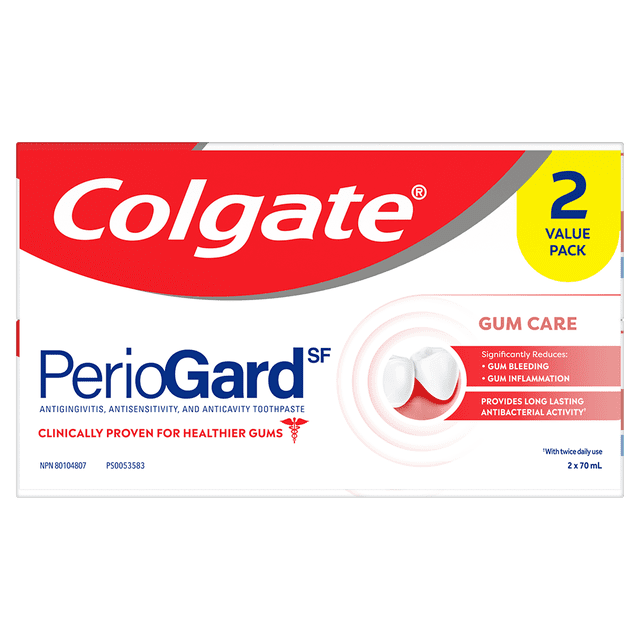 Colgate PerioGard SF Gum Toothpaste, gum care toothpaste 2 pack, 70 mL each, front-facing box with red and white design and Colgate logo, clinically proven to reduce gum bleeding and inflammation, featuring antigingivitis, antisensitivity, and anticavity formula for healthier gums and long-lasting antibacterial protection.