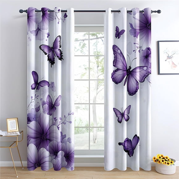 Blackout Curtains Floral Butterfly Purple Flower Pattern, Thermal Insulated Room Darkening Grommet Drapes for Living Room Bedroom Decorative Window Curtains 53"W x 63"L (Pack of 2)