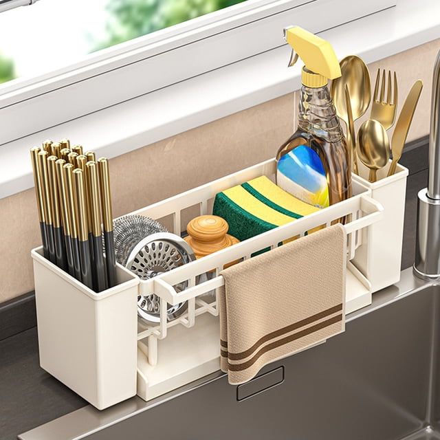 Pisexur Sponge Kitchen Sink Caddy Organizer Brush Sink Sponge With Auto Draining Tray Beige