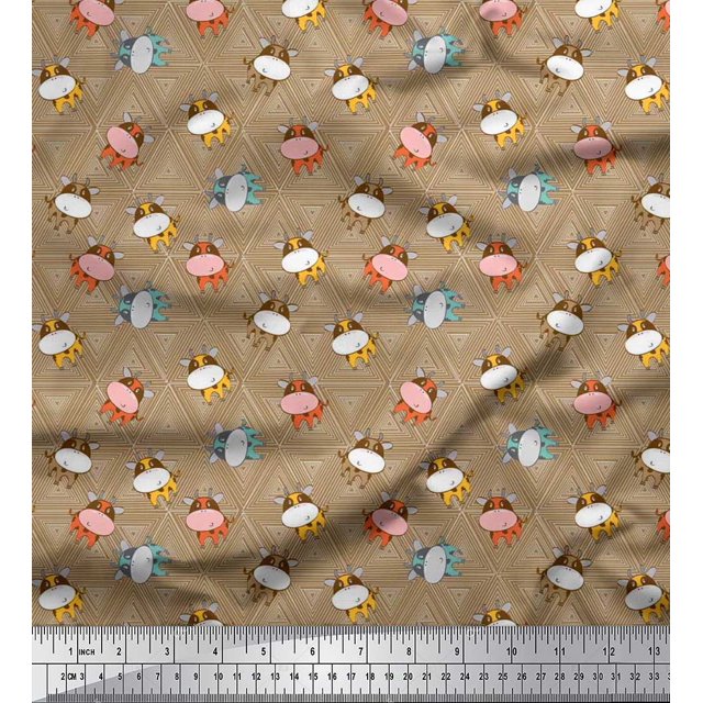 Soimoi Rayon Crepe Fabric Triangle & Cow Cartoon Printed Craft Fabric by The Yard 46 Inch Wide