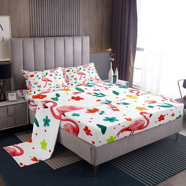 YST Flamingo Sheets Pink Animal Full Sheet Set For Girls Kids Cute Flower Animal Sheet Set, Wild Animal Bedding Set Botanical Flower Pattern 3D Top Fitted Sheet With 2 Pillow Cases