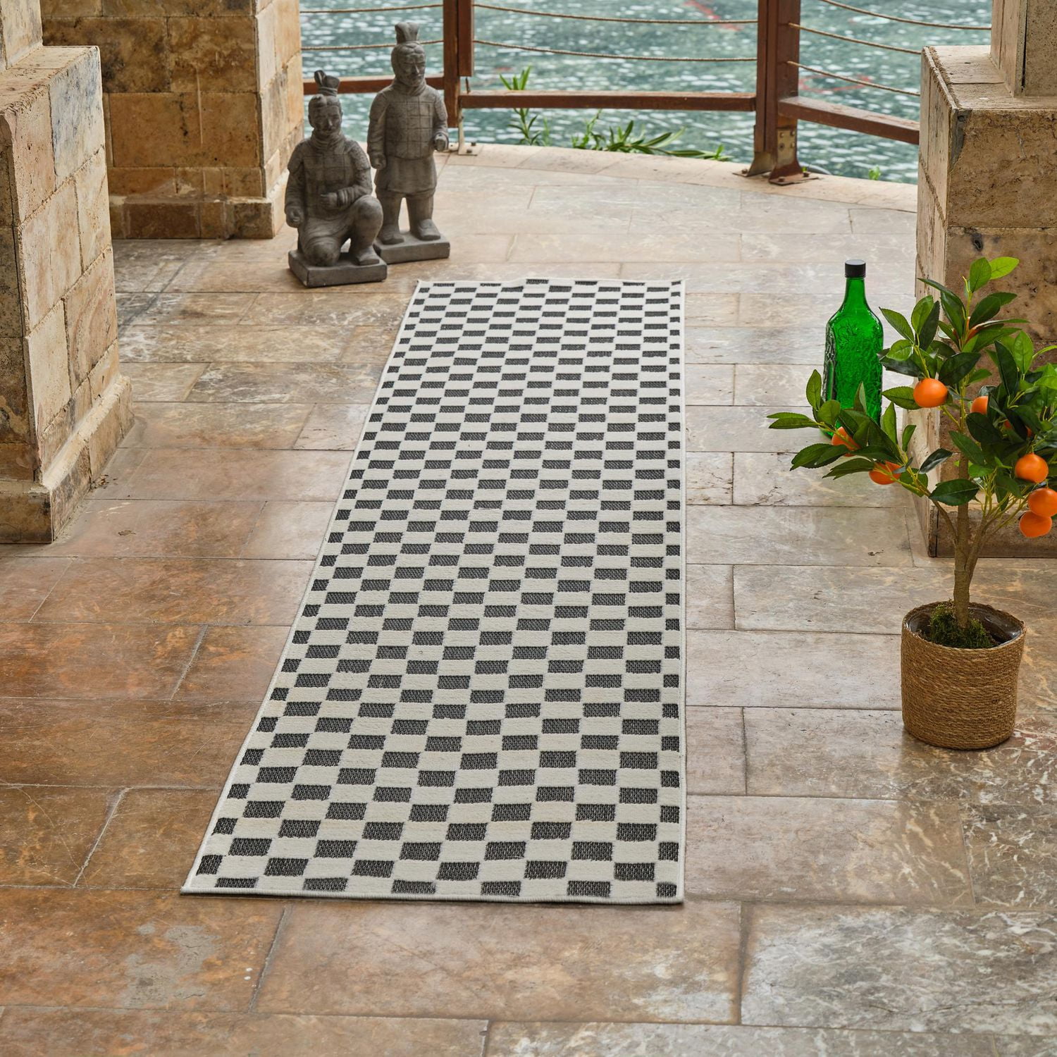 Rug Branch Maise Checkered Indoor Outdoor Area Rug, Black White, Modern - Entryway, Hallway, Bathroom, and Kitchen