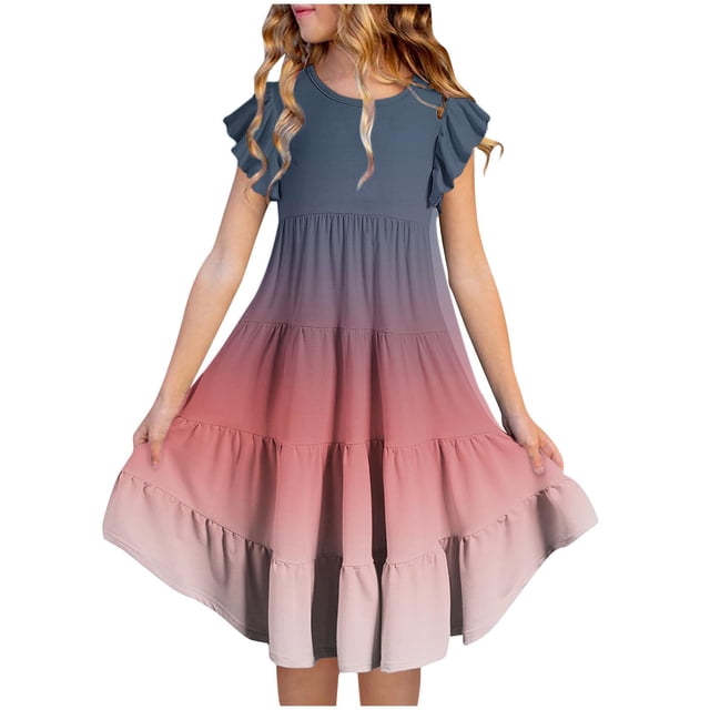 RXIRUCGD 2025 Vêtements d'Été pour Enfants Mode Filles Nouvelle Robe d'Été à Manches Courtes Poches à Volants Col Rond Imprimé